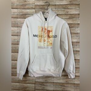 The Met Michelangelo Hoodie Mens Beige Graphic Pullover Fleece Sweatshirt Sz Med